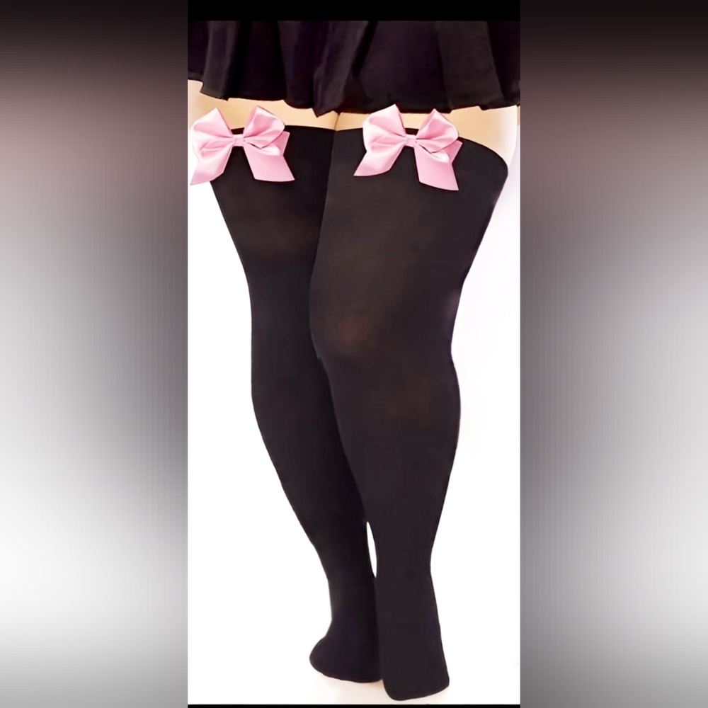 Lolita Plus Size Black Thigh High Stockings Pink Bows 1XL Sexy Lingerie